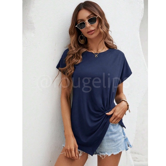 Twist Detail Blue Tee Shirt Short Sleeve Round Neck - Picture 6 of 13